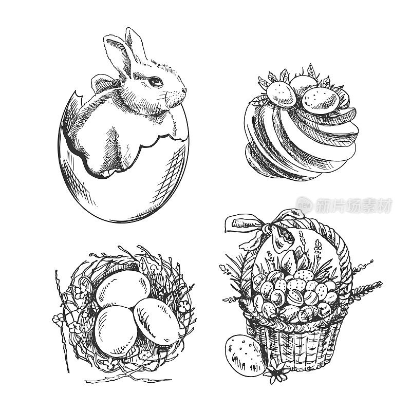 一个手绘素描复活节假期集。兔子在壳里，蛋白酥皮，窝里有鸡蛋，篮子里有复活节彩蛋。矢量插图。黑白复古画。