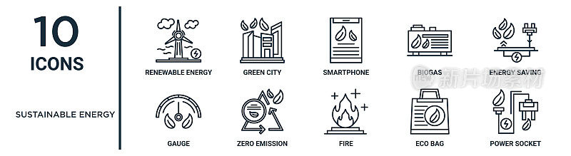 可持续能源大纲图标集包括细线可再生能源，智能手机，节能，零排放，环保袋，电源插座，仪表图标报告，演示，图表，网页设计
