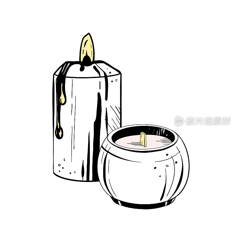 白色背景上燃烧蜡烛的矢量插图。黑色芳香蜡烛轮廓，图形绘制。用于明信片的设计和构图装饰