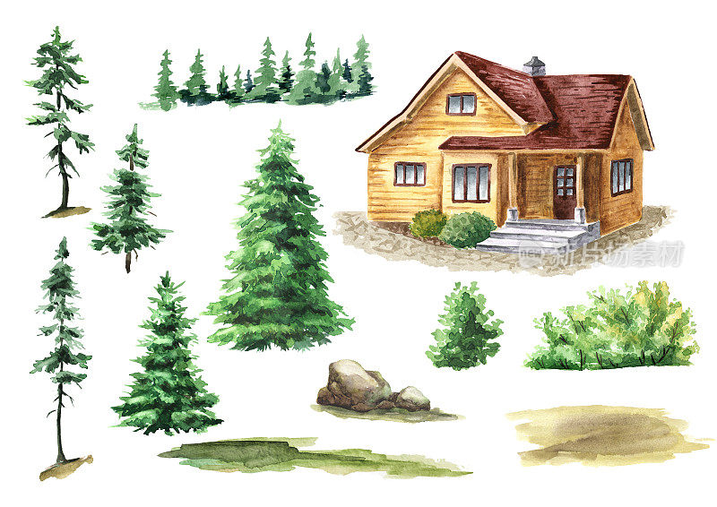森林里舒适的乡村小屋。手绘水彩插图，孤立在白色背景上