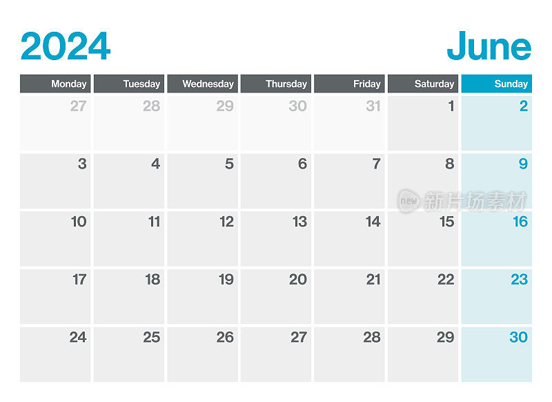 2024年6月-日历规划师。极简风格的景观水平日历2024年。向量模板。这一周从星期一开始