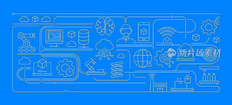工业4.0相关的线条风格横幅设计的网页，标题，小册子，年度报告和书籍封面