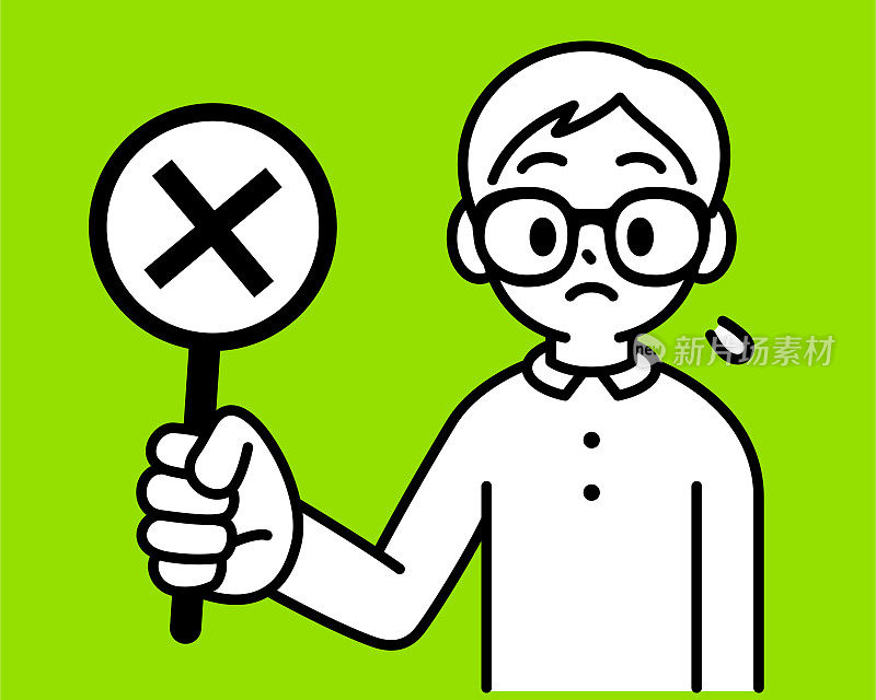 一个戴着牛角框眼镜的好学男孩举着一个写着“失败、拒绝、取消”的十字符号的牌子，看着观众，以极简主义的风格，黑白轮廓