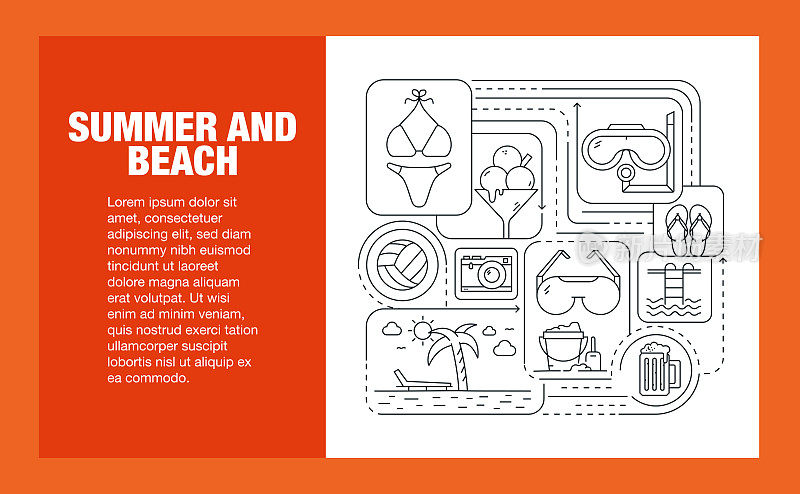 夏季和海滩线图标集和横幅设计。旅馆，冰淇淋，海滩，护照，海