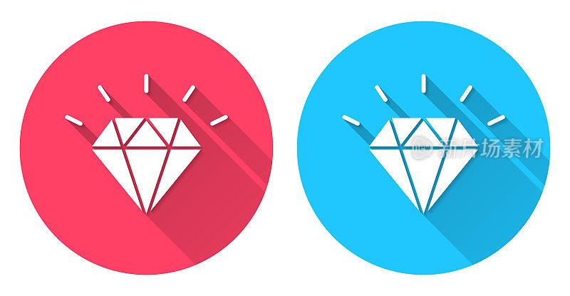 钻石。圆形图标与长阴影在红色或蓝色的背景