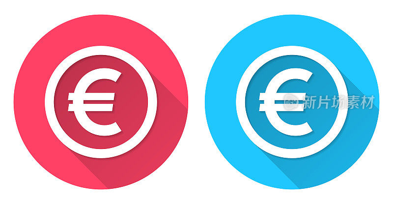 欧元硬币。圆形图标与长阴影在红色或蓝色的背景