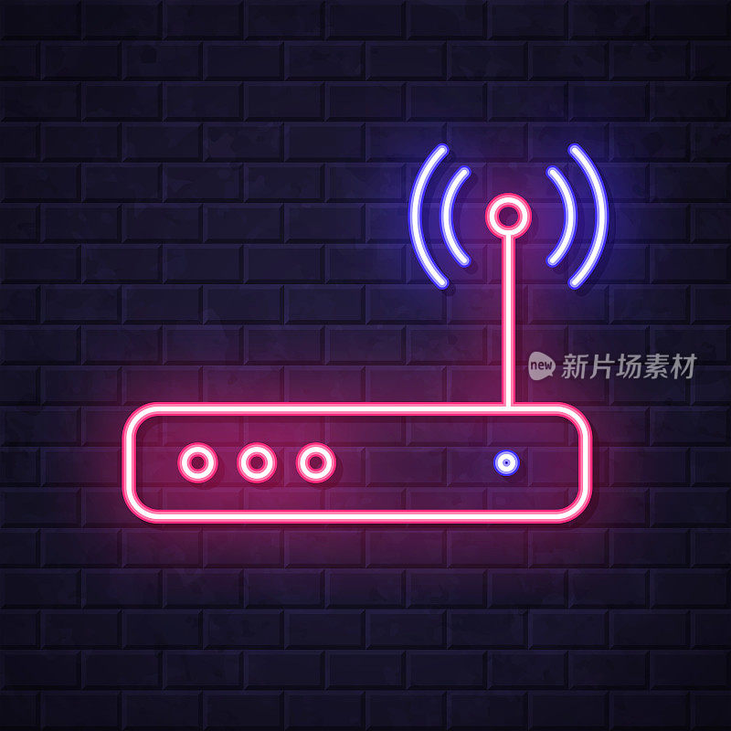 无线路由器。在砖墙背景上发光的霓虹灯图标