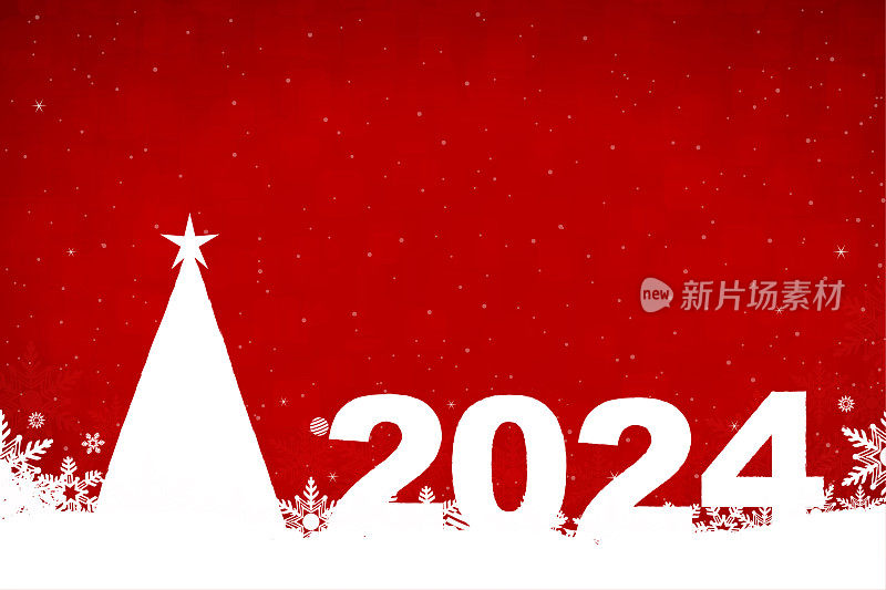 闪闪发光的圣诞水平红色背景，新年快乐三维或3D文本2024和白色抽象三角形作为圣诞树，顶部有一颗星星，雪花和闪亮的点在明亮明亮的栗色矢量背景