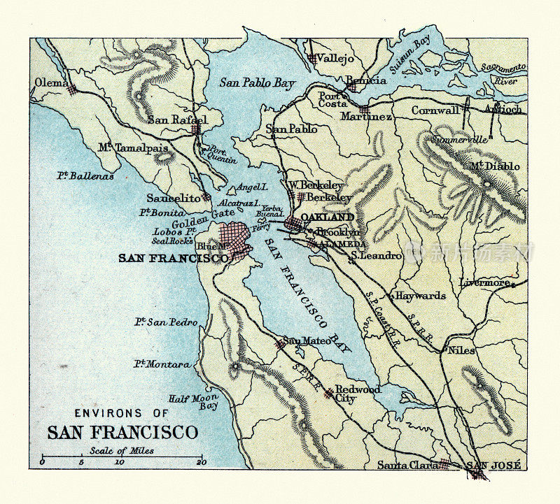 19世纪90年代，奥克兰，美国加州旧金山的古老地图