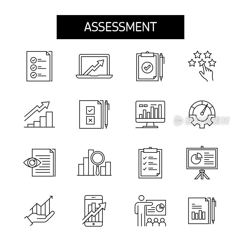 评估线图标集。商业，审查，透明度，评级，评估。