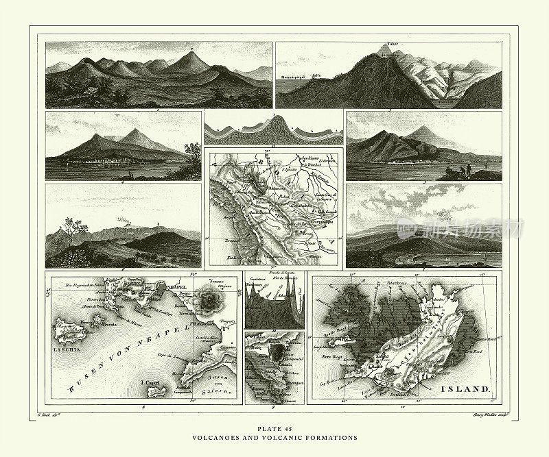 雕刻古董、火山和火山形成雕刻古董插图，1851年出版
