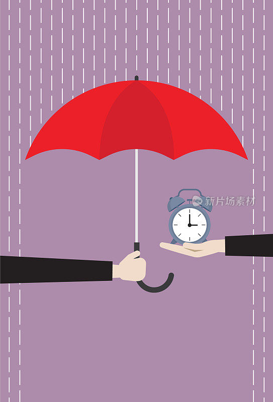 商人拿着一把红伞为钟挡雨