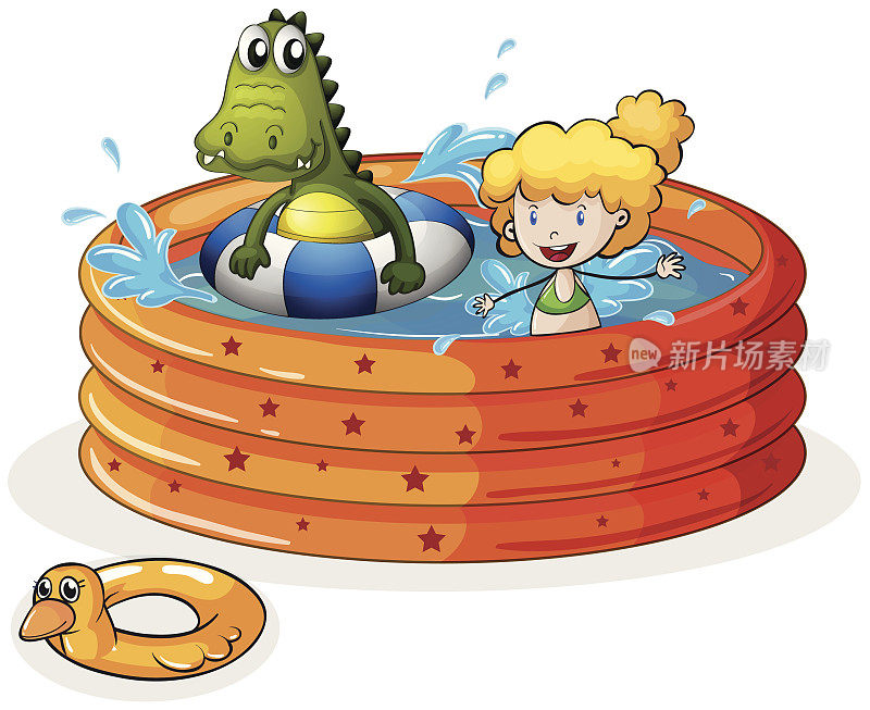 女孩和鳄鱼在充气游泳池里游泳