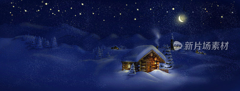 圣诞美景全景景观-小屋，教堂，雪，松树