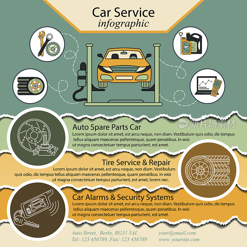 汽车修理信息图。猫服务和轮胎信息图表