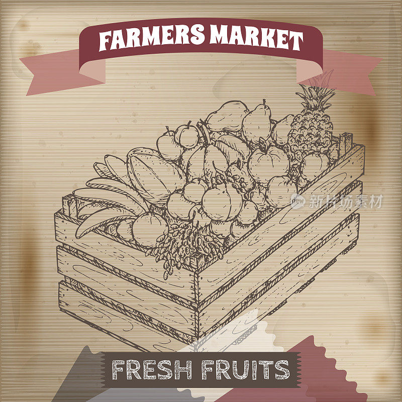 老式农贸市场的标签上有装在木箱里的水果。