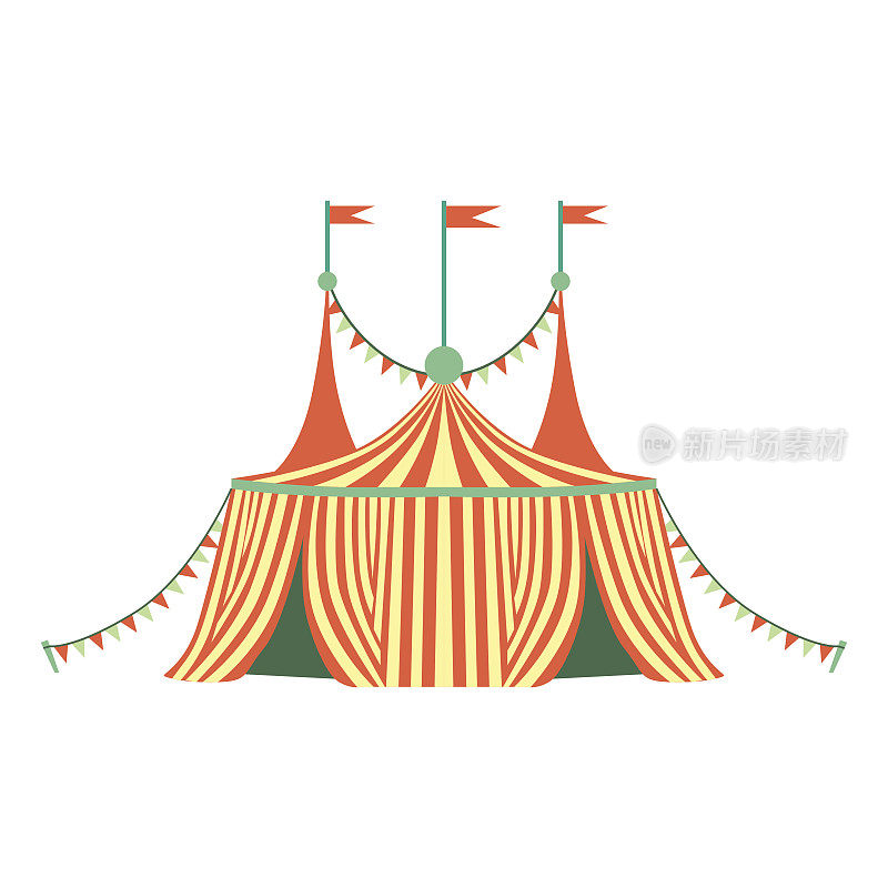 红黄相间的马戏团帐篷，游乐园和博览会的部分平面卡通插图系列