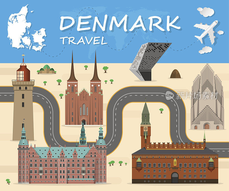 丹麦地标全球旅行和旅程信息图矢量设计模板。矢量插图。