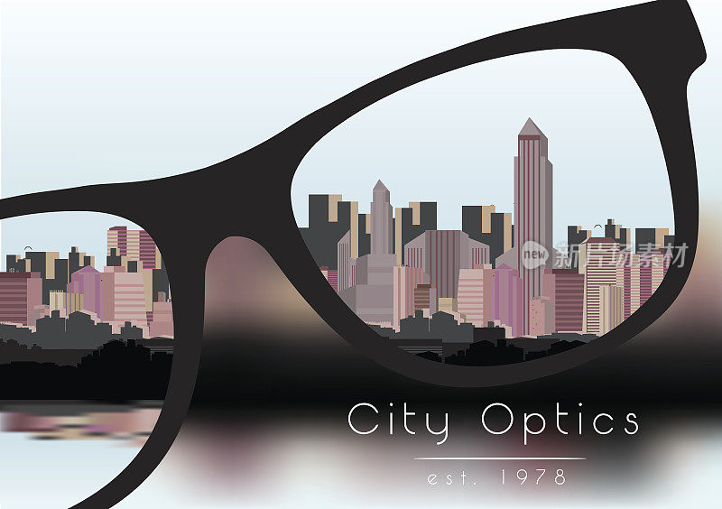 脱离焦点的商业建设城市与天空和眼镜，以纠正视觉-矢量插图