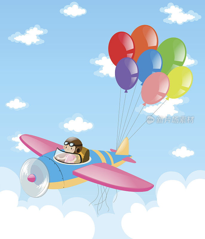 孩子们在天空中驾驶着喷气式飞机和气球