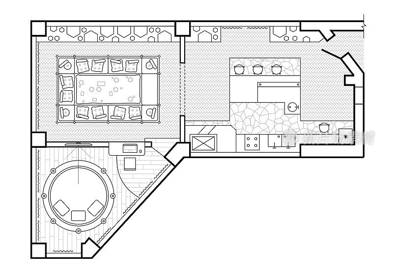 平面图，俯视图。室内设计平台。这小屋是一个有顶棚的阳台。公寓和家具的布局。