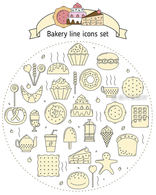 在线条艺术风格的面包房图标。图标有面包，饼干，糖果