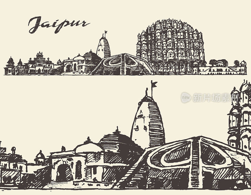 斋浦尔城市复古插画手绘草图