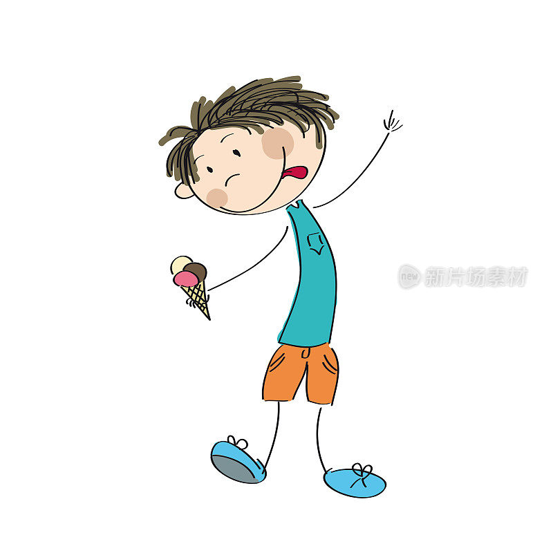 小男孩拿着冰淇淋-原创手绘插画