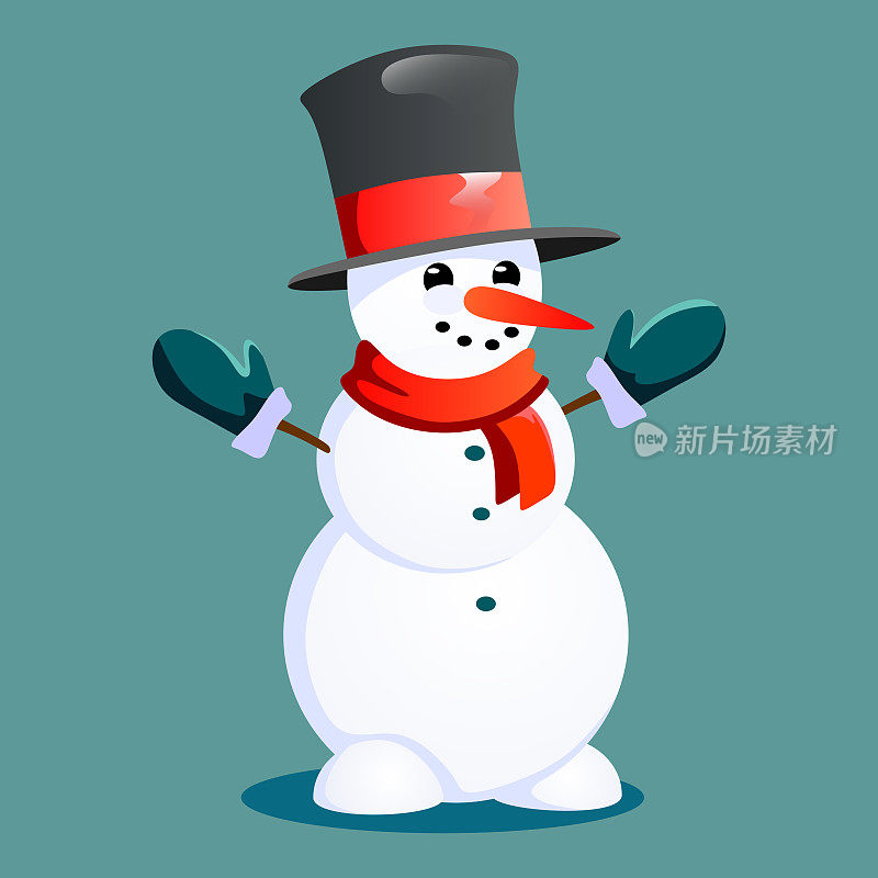 35、雪人戴着黑帽子和手套，脖子上围着红领巾，鼻子上缠着胡萝卜，结婚圣诞快乐新年矢量插画