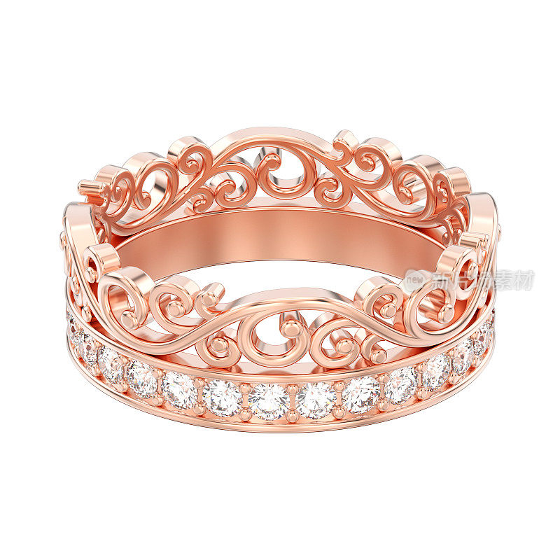 3D插图孤立玫瑰金装饰皇冠钻石戒指
