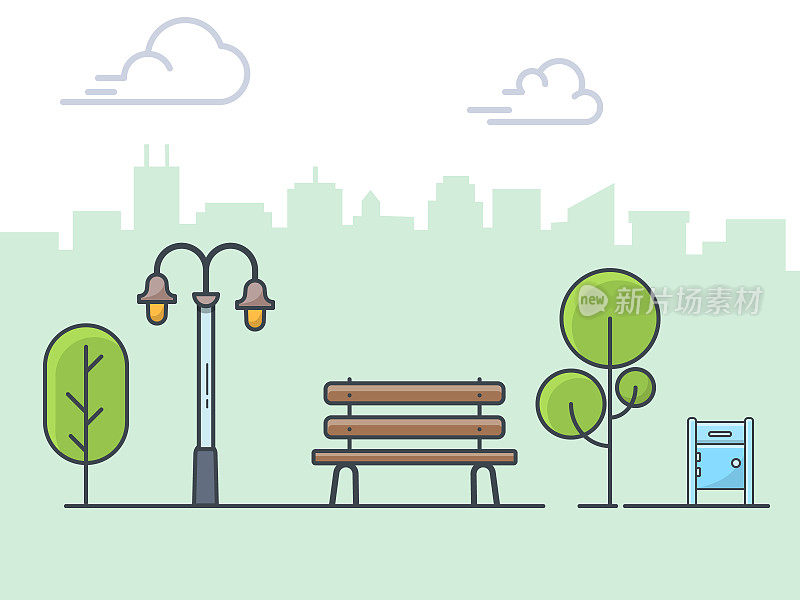 城市公园、木凳、路灯、信箱线形插图