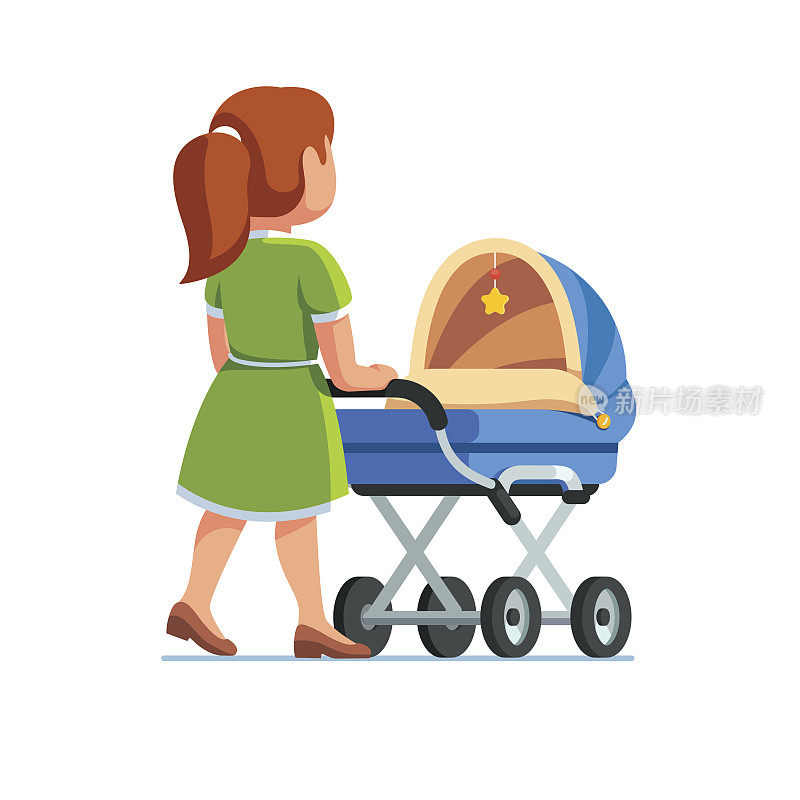 妈妈推着婴儿车带着孩子走路