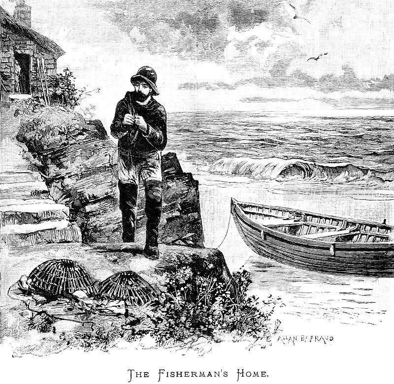 一幅维多利亚时代的插图，名为“渔夫的家”，作者是艺术家艾伦·巴罗;描绘了一个渔民拖着他的船上岸，他的小屋坐落在悬崖上，岸边有龙虾锅;19世纪的海洋生物，1889年