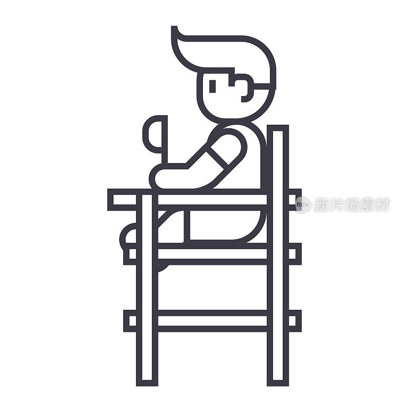男婴坐在高椅子上矢量线图标，标志，背景插图，可编辑的笔触