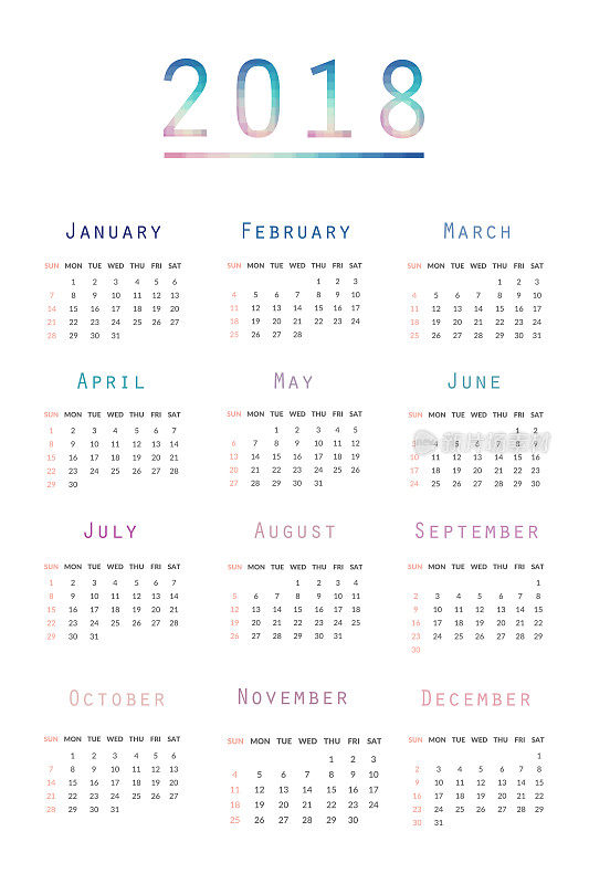 简单的2018年日历。2018年的抽象日历。一周从周日开始