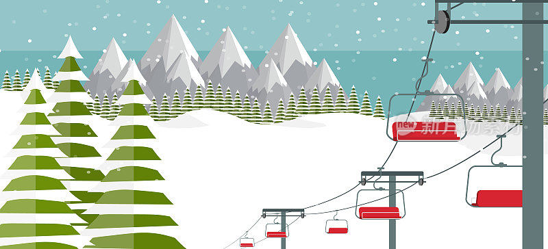 滑雪胜地，提升平面矢量插图。阿尔卑斯山，冷杉树，山峦广博全景背景。滑雪山，冬季网页横幅设计。
