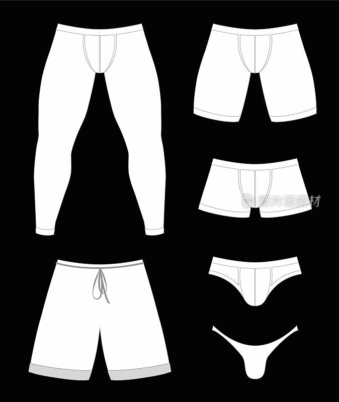 内裤。长内衣裤，平角短裤，三角裤，短裤，男式丁字裤。不同的型号，类型，风格，长度，尺寸。黑色背景上的白色内衣变异。
