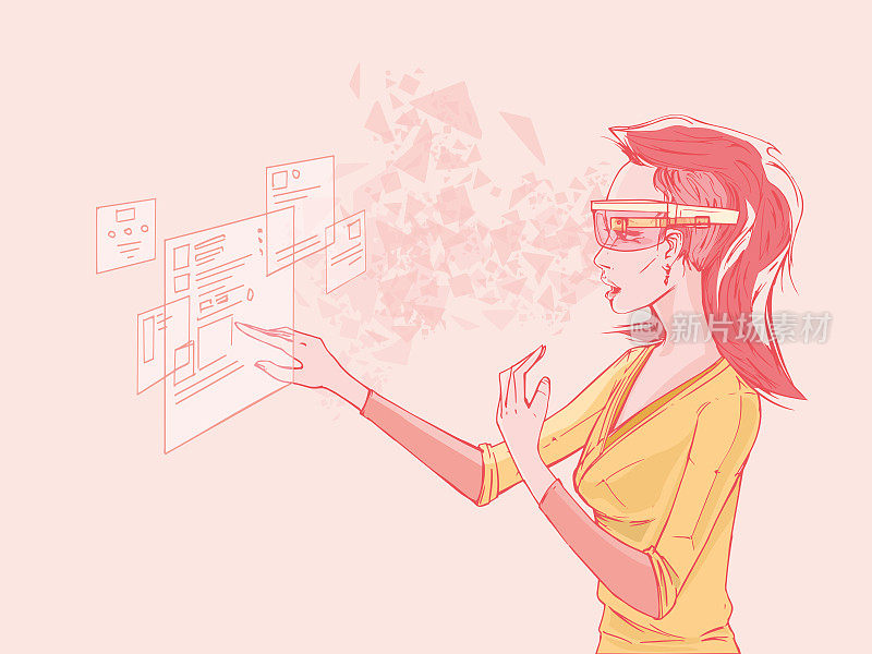 戴着智能眼镜的女人使用虚拟界面