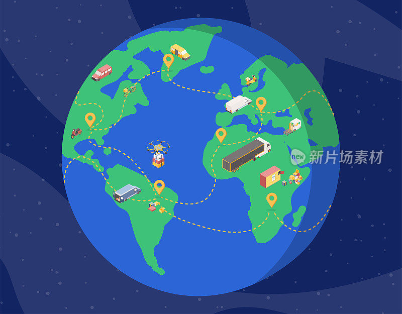 全球交付服务等距图。在太空中使用货运工具和无人机运送包裹。物流公司，国际货物运输