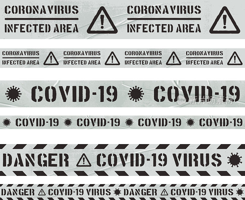 花式白色Covid-19警示带，白色上有冠状病毒图标