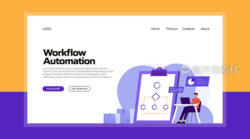 工作流程自动化概念矢量插图登陆页面模板，网站横幅，广告和营销材料，在线广告，业务演示等。