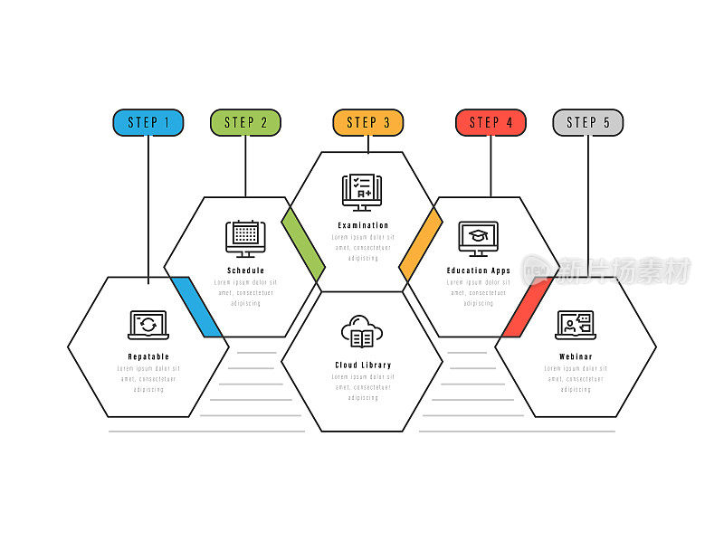信息图设计模板。可重复，时间表，考试，云图书馆，教育应用程序，网络研讨会图标，6个选项或步骤。