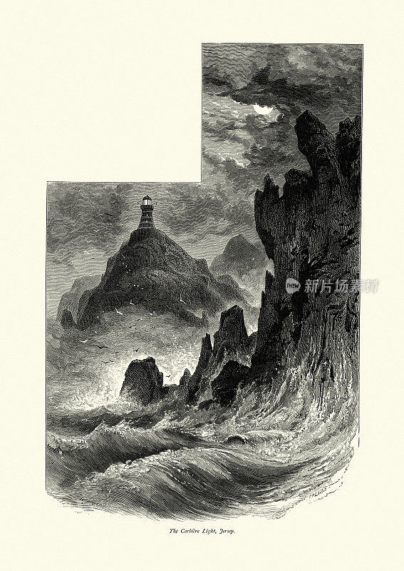 Corbière光，灯塔，月光，岩石，汹涌的大海，泽西，19世纪