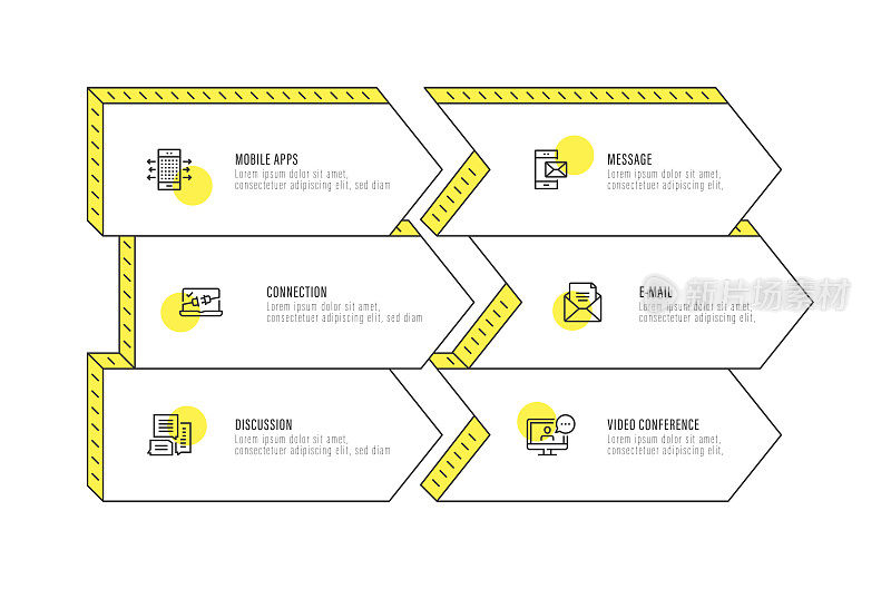 信息图表设计模板。移动应用程序，消息，电子邮件，视频会议，讨论，连接图标6个选项或步骤。