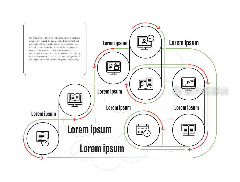 信息图表设计模板。电子书，在线图书，注册，教程，视频课程，社会论坛，时间表，弹性时间，有声图书图标与8个选项或步骤。