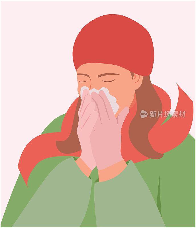 妇女在咳嗽和打喷嚏时用纸巾捂住口鼻。一个女性角色用手帕捂住鼻子。女孩感冒后打喷嚏。冬天的概念