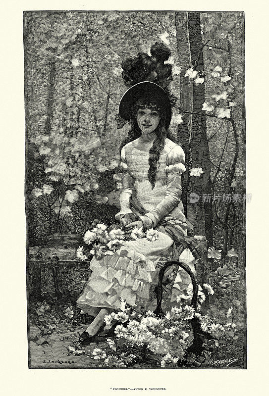 一个收集鲜花的年轻女孩的肖像，1890年代，19世纪