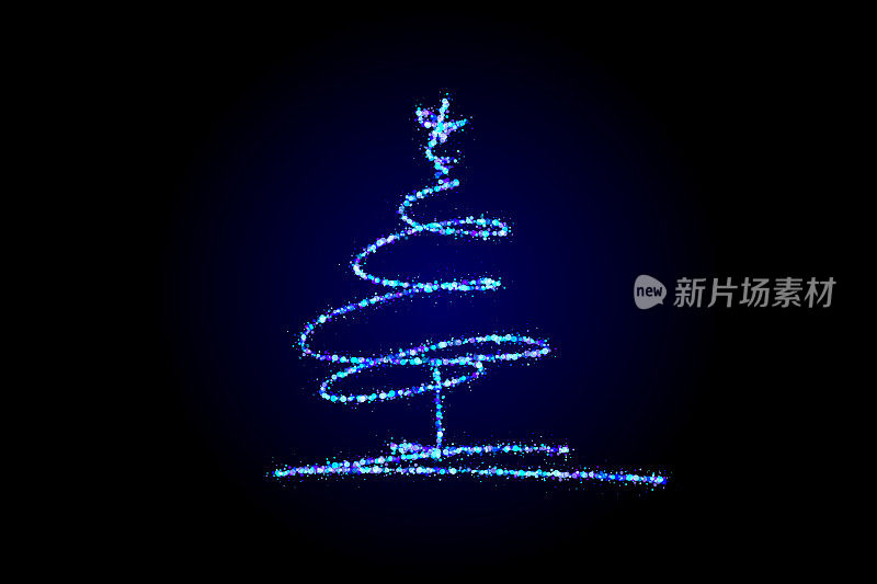 风格化的圣诞树由蓝色的灯在黑暗的背景。神奇的仙尘，闪耀的星尘。