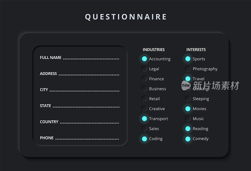 调查或测试的问卷形式与复选框和输入字段在清洁拟物化或Neumorphism风格的黑夜模式移动应用程序UI
