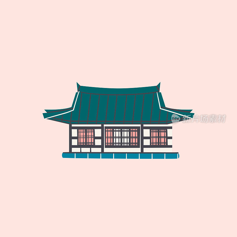 韩屋亚洲建筑孤立矢量插图。韩国传统建筑设计元素。